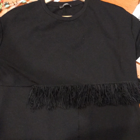 Zara Trafaluc Asymmetrical Fringe Black Sweatshirt Dress (Size L) - Picture 5 of 13